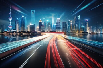 A stunning long exposure photo capturing the beauty of a city skyline at night, The light trails on a modern building background in Shanghai, China, AI Generated