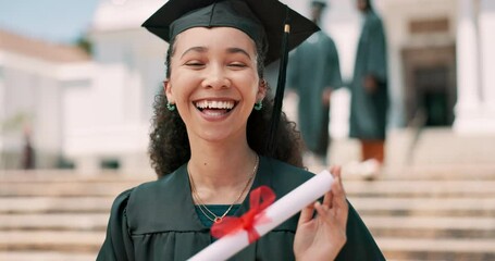 Poster - Education, graduation and future with black woman student at university event for milestone celebration. Portrait, smile for success and graduate with certificate on campus for growth or achievement