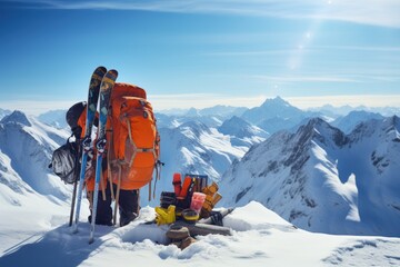 Canvas Print - A backpack and a pair of skis positioned on the peak of a snow-covered mountain, Ski in winter season, mountains and ski touring equipments, AI Generated