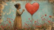 Dziewczynka wśród kwiatów i czerwony balon w kształcie serca. Malunek vintage na drewnie ze starą zdrapaną farbą