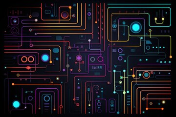 Wall Mural - A vibrant abstract background featuring numerous lines in different colors., Neon circuit pattern on a dark background, AI Generated