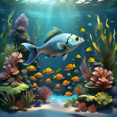 Fish swimming in the sea. Image made in AI.