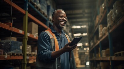 A middle-aged African man is selecting a repair tool while smiling and laughing in a hardware warehouse