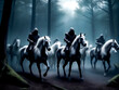 Group of men riding horses through forest filled with trees and fog.