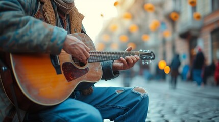 A street musician playing a soulful melody, connecting with passersby through the magic of music.