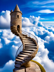 spiral staircase leading to tower in the sky with clouds around it.