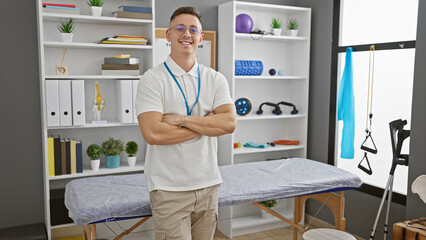 Wall Mural - A confident young hispanic man stands with arms crossed in a well-equipped rehab clinic room.