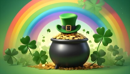 St. Patrick's day celebration with green leprechauns, a pot of gold a rainbow and shamrock or clover, irish holiday symbols, cartoon or 3d illustration style image, hd