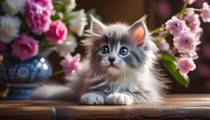  Adorable Fluffy Gray Kitten Standing Beside a Vase of Pink Flowers Indoors