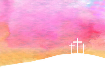 Wall Mural - Easter illustration with three white crosses on hill and colourful sky in watercolor painting style.