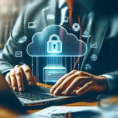 Business man downloading computer files or installing software on laptop computer, cloud storage, generative ai