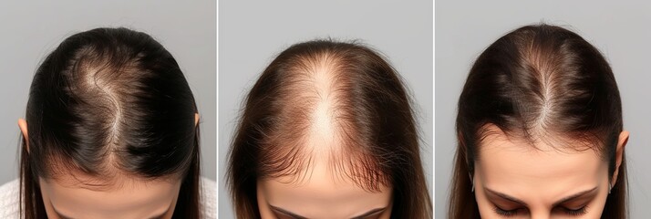 Woman with hair loss problem before and after treatment on grey background, collage. Visiting trichologist