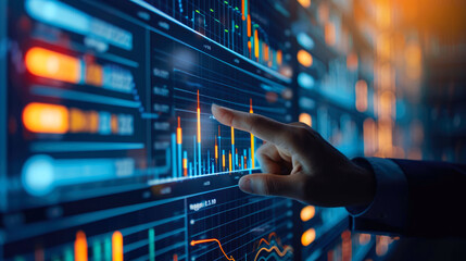 Investment concept. Investor hand pointing graph chart of stock market for trader
