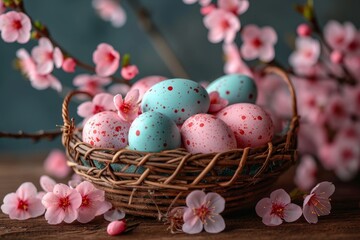 Wall Mural - A delicate basket brimming with pastel-hued eggs and blooming pink flowers evokes the joy and renewal of easter in a whimsical spring scene