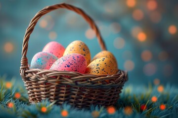 Canvas Print - A festive easter basket brimming with vibrant eggs, waiting to be discovered and enjoyed