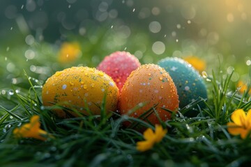 Wall Mural - A colorful array of easter eggs nestle among the blades of grass, resembling a field of bright yellow flowers and a playful sphere, bringing the joy of the outdoors to life