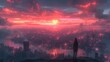 Osoba stojąca na szczycie wzgórza, z którego można podziwiać widok na miasto. W tle widać miłosny i romantyczny zachód słońca w kształcie serca.