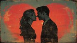 Fototapeta  - Obraz retro przedstawiający miłość i romans pary mężczyznę i kobietę stojących naprzeciwko siebie na tle serca