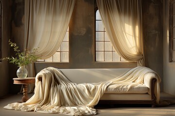 Fototapete - Luxurious silk white cloth curtain in a black room wall