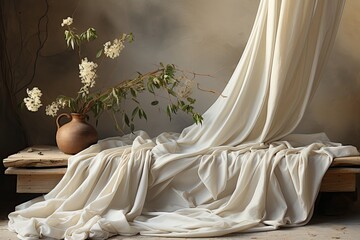 Fototapete - Luxurious silk white cloth curtain in a black room wall