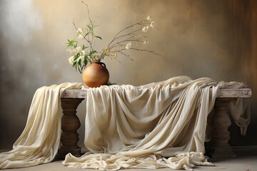 Fototapete - Luxurious silk white cloth curtain in a black room wall