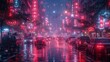 Na tej fotografii widać ruchliwą ulicę neonowego miasta w nocy podczas deszczu, gdzie panuje intensywny ruch samochodowy.