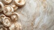 Champignon mushrooms lie on a marble surface. Horizontal background with copy space