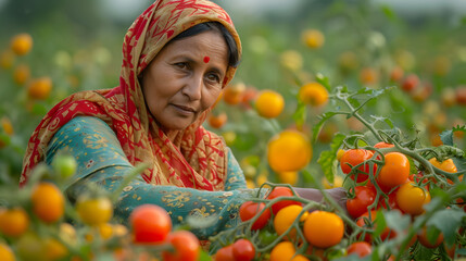 Wall Mural - A indian woman is picking tomatoes in a tomato field