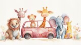 Fototapeta Dziecięca - Safari animals funny Jungle cartoon riding a car in cartoon watercolor style. Generated AI image