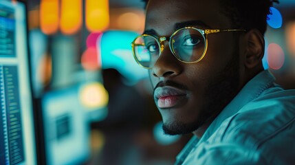 Wall Mural - portrait of a black man in office wearing glasses