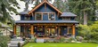 Modern blue craftsman cottage, lush green backyard, detailed wooden trims, welcoming porch.