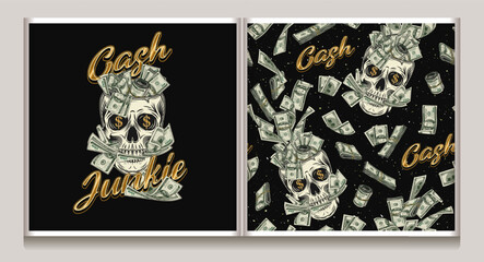 Wall Mural - Pattern, label with skull, 100 dollar bills between teeth, golden text, flying apart stacks, dollar notes. Concept of making money, wealth, success, love of money, addiction. Not AI