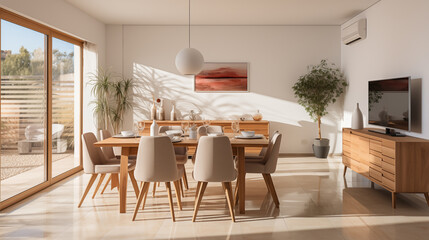 Wall Mural - Set of dark wooden furniture in the beige color dining room. Concept of design and stylish light interior