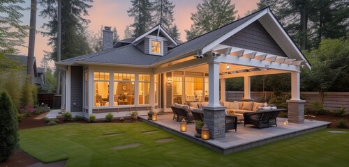 Sunset-orange twilight craftsman cottage with a cozy seating area under a pergola in the backyard.