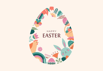 Wall Mural - Happy Easter floral background, Easter egg card, framed banner design