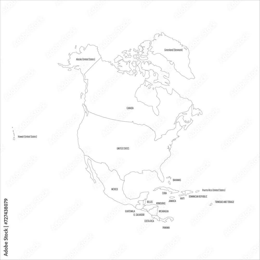 Political map of North America. Thin black outline map with country