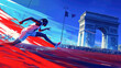© PixelGallery - Runners in action on the track over blue, white and red background. Paris 2024. Sport illustration.