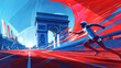 © PixelGallery - Runners in action on the track over blue, white and red background. Paris 2024. Sport illustration.