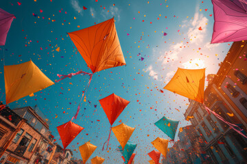 Wall Mural - a series of colorful kites soaring high in the sky during a kite festival, symbolizing freedom and t