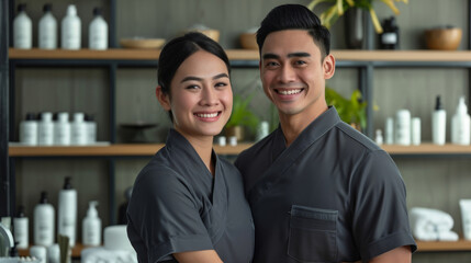 Sticker - Beautiful asian young woman and man working at hotel in spa department and greeting guests.