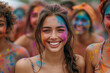 A group of friends engaged in a lively Holi dance, their faces and clothes adorned with bright powdered pigments, spreading the spirit of joy and togetherness.  Generative Ai.