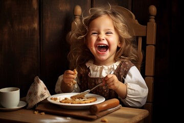 Wall Mural - Happy little girl in high chair feeding herself breakfast with a spoon