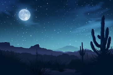 Wall Mural - moonlit desert landscape with silhouettes of cacti and starry sky