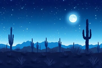 Wall Mural - moonlit desert landscape with silhouettes of cacti and starry sky