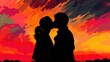 Sylwetka Para całuje się przed kolorowym niebem, w ramach celebracji Walentynek, wyrażając miłość i romantyzm.