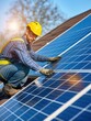 © steevy84 - Male worker install solar panels on a house rooftop, renewable energy