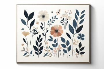 Ein minimalistisches botanisches Muster mit Blumen und Blättern in gedeckten Blau- und Beigetönen, ideal für moderne und elegante Postkarten. Generative KI