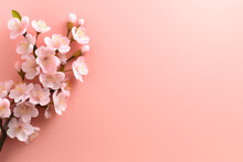 Floral Banner. Sakura Flowers Blossoms On Peach Pink Background. Springtime Composition With Copy Space
