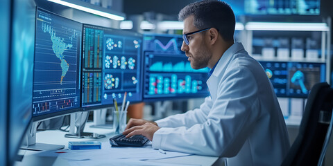 Focused data scientist analyzing geographic information on high-tech digital monitors in a modern laboratory.
