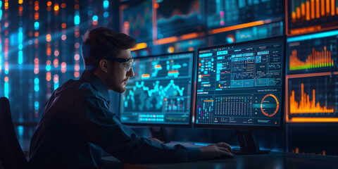 Market analyst in a dark control room monitoring financial graphs and data analytics on multiple screens